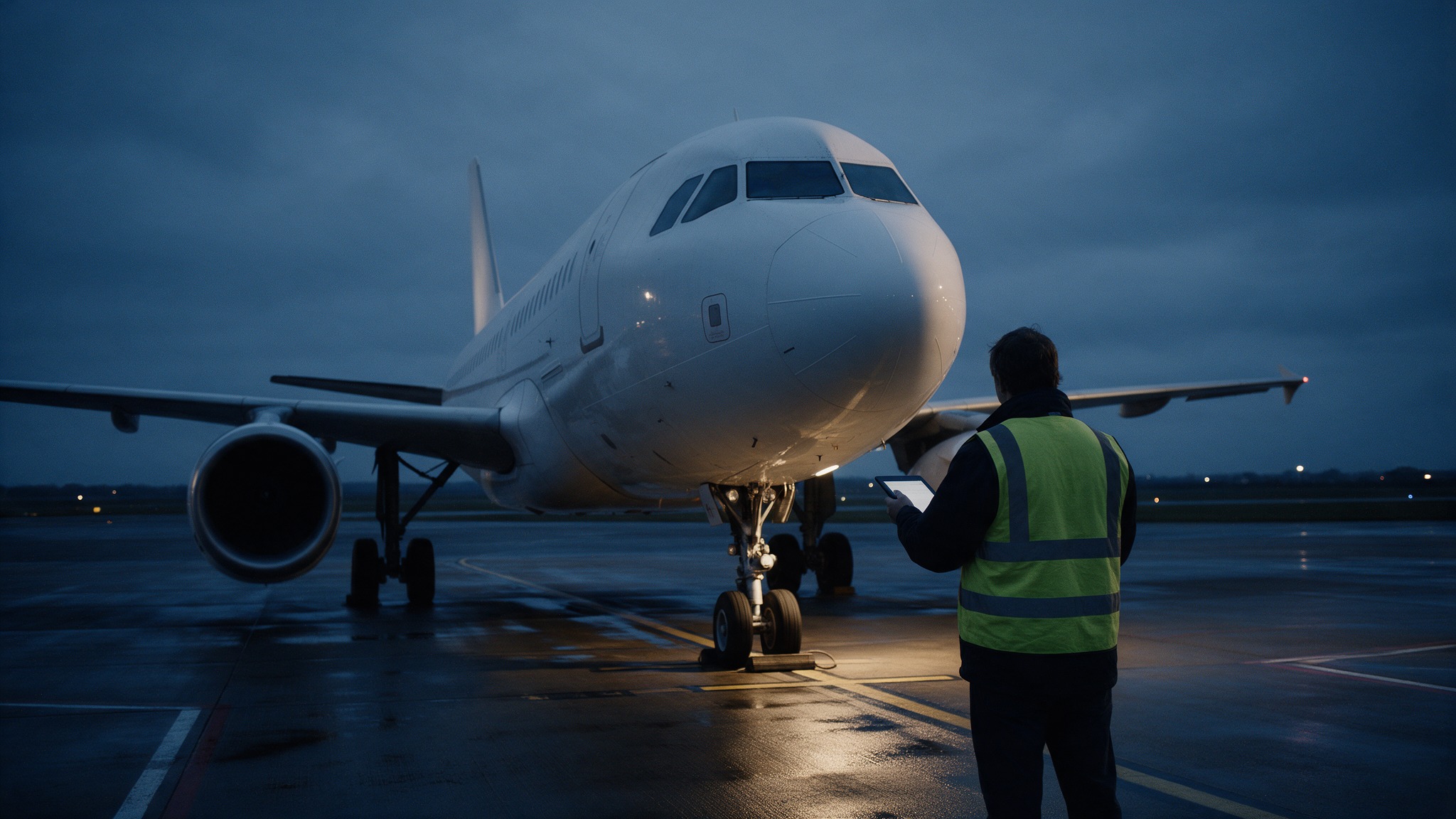 Auditor reviewing safety documentation on an airside apron